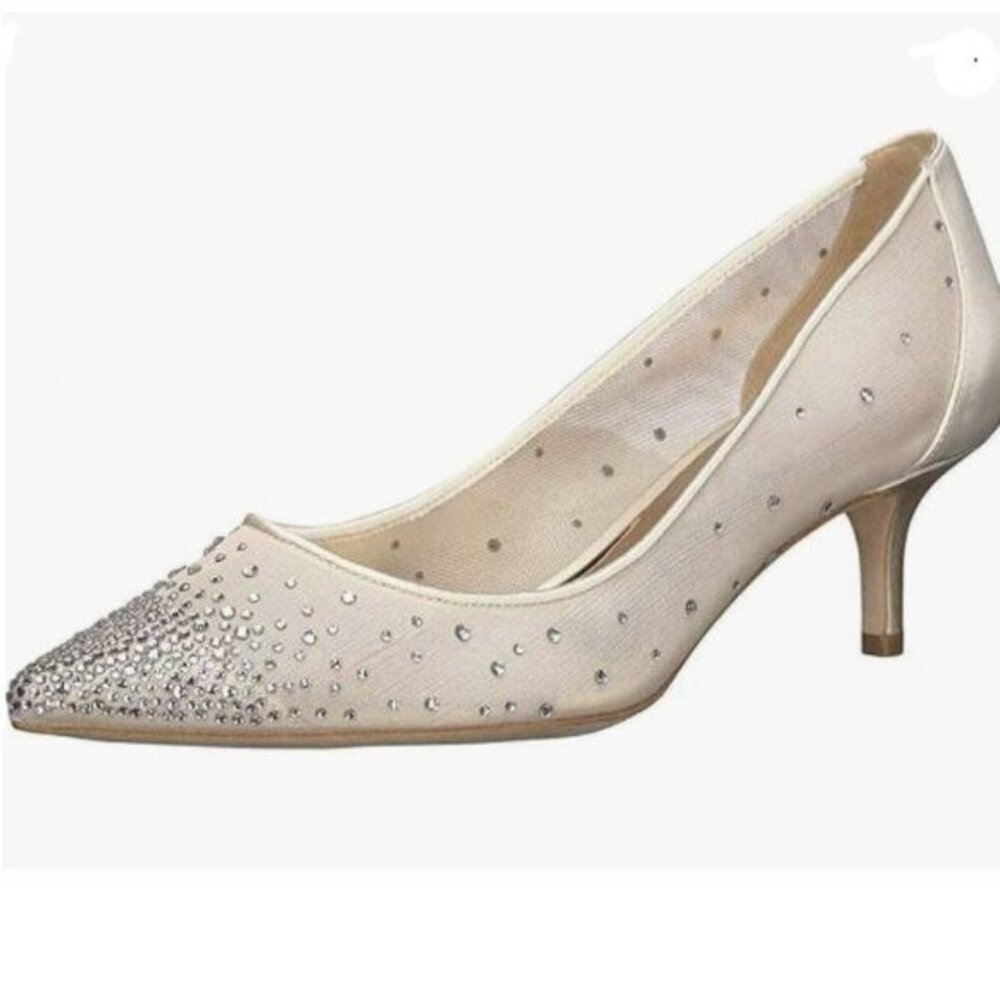 XYD Women Mid Kitten Heels Pumps Rhinestones Mesh Slip On Pointed Toe Shoe Beige